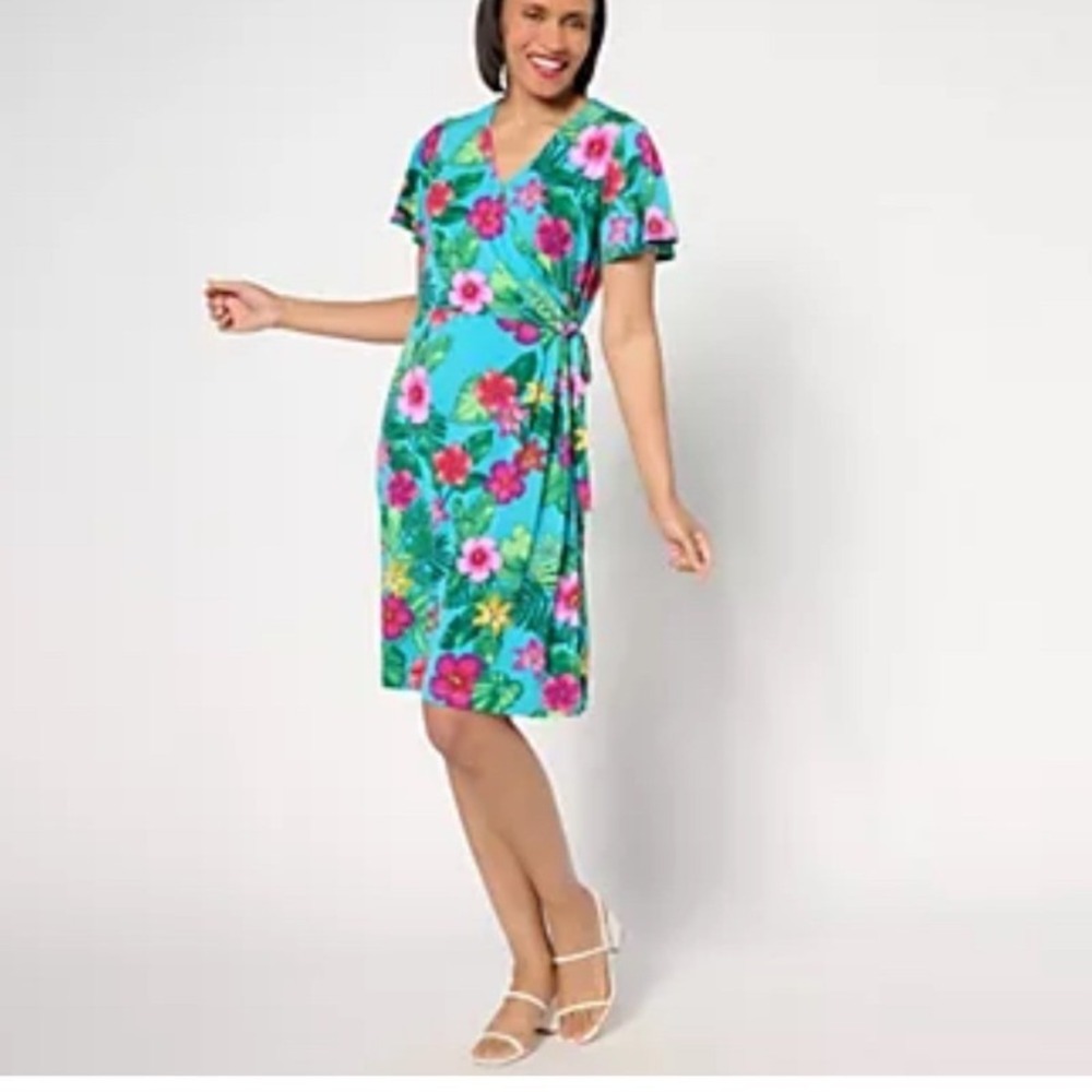 Susan Graver Women's LT Tall Blue Floral Faux Wrap Dress Tropical Liquid Knit